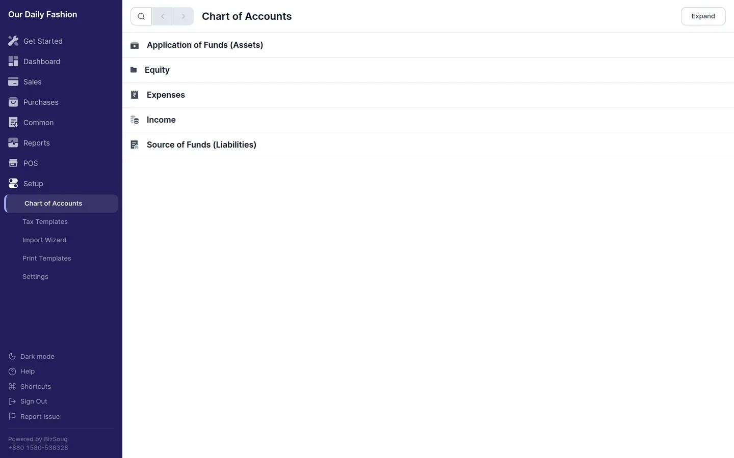 The chart of accounts tree, expanded under Assets