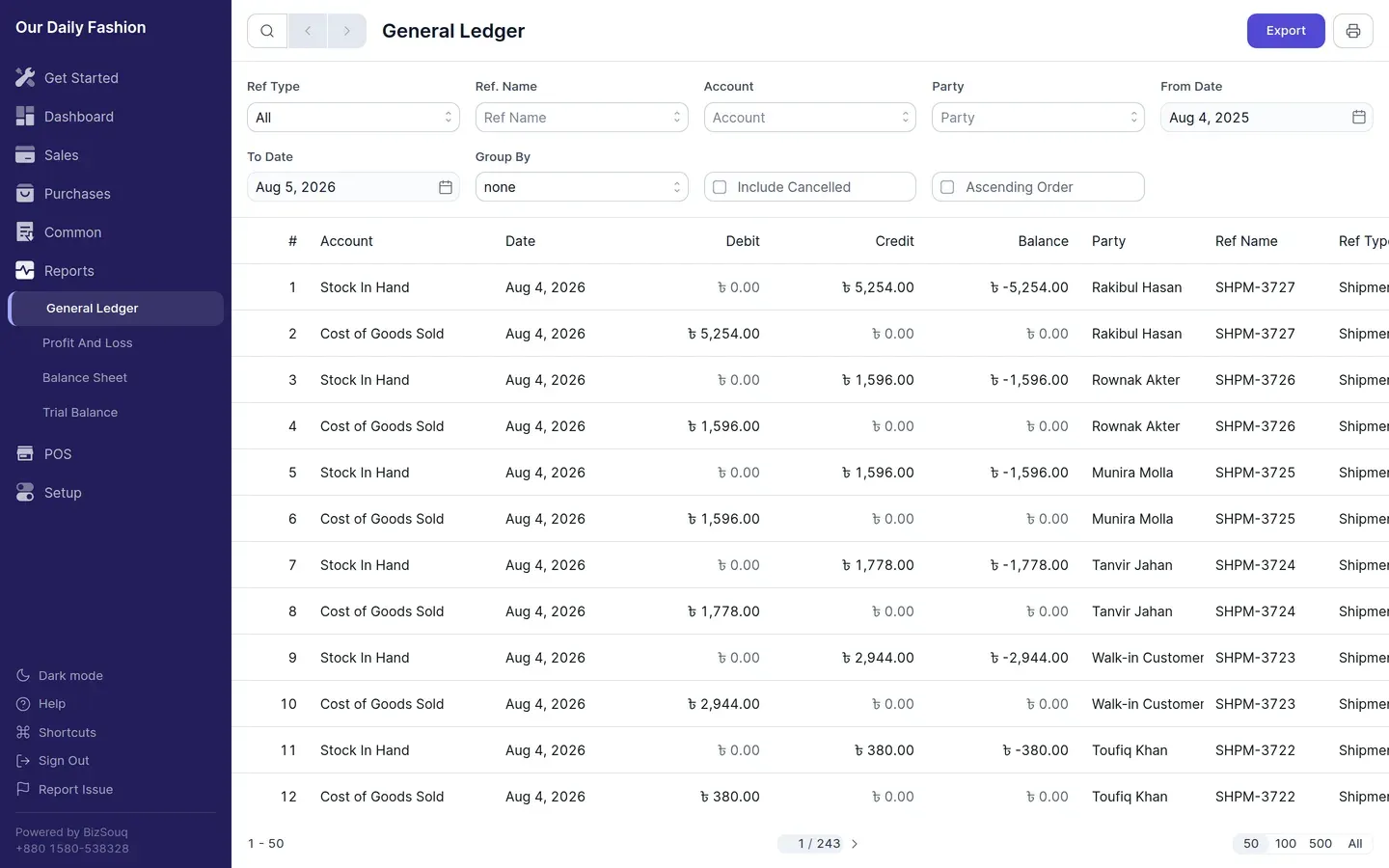 A report with its filter bar and export options