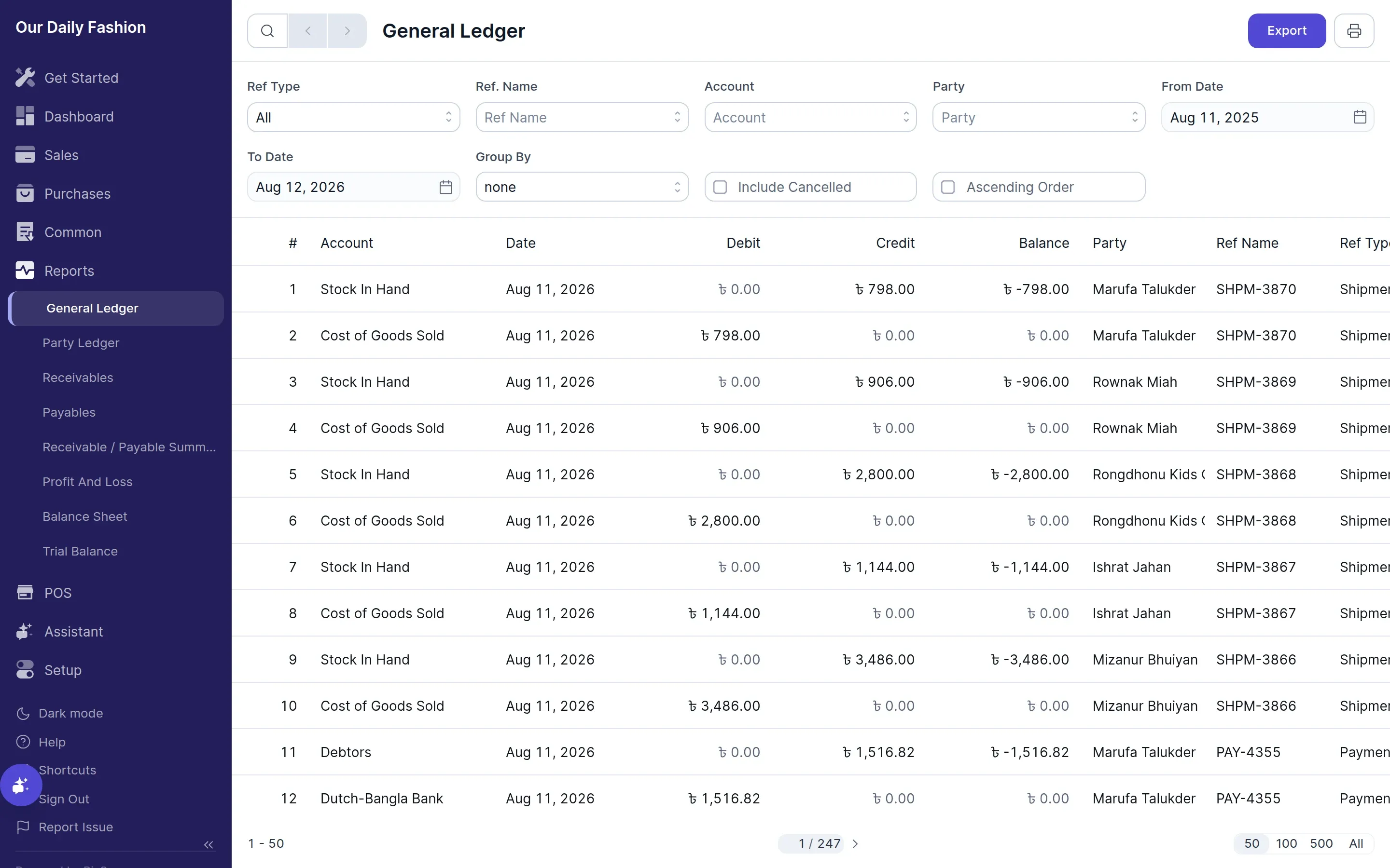 A report with its filter bar and export options