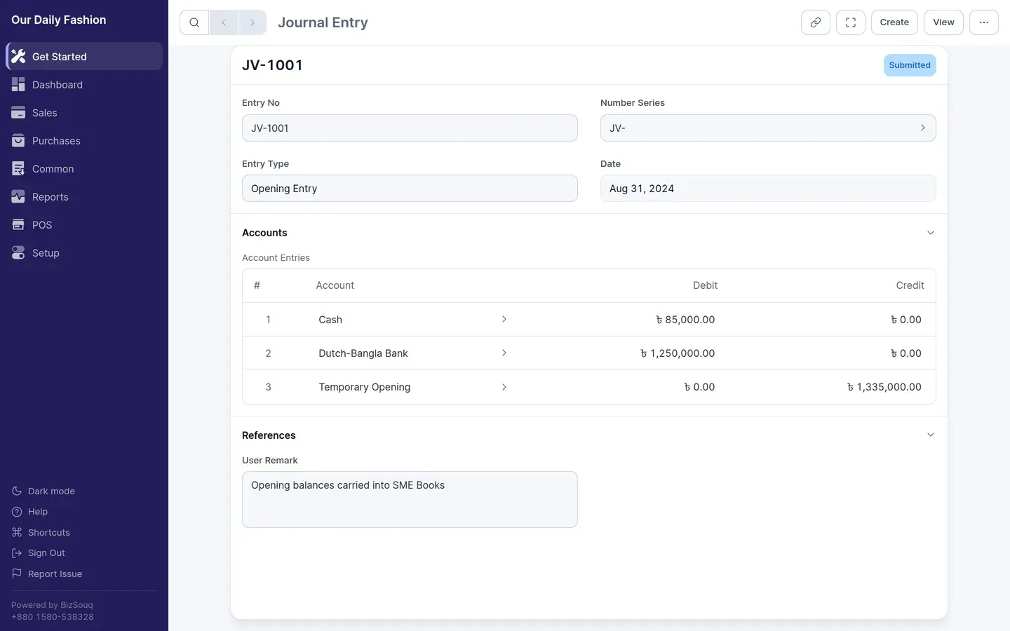 An opening entry putting cash and bank balances against Temporary Opening