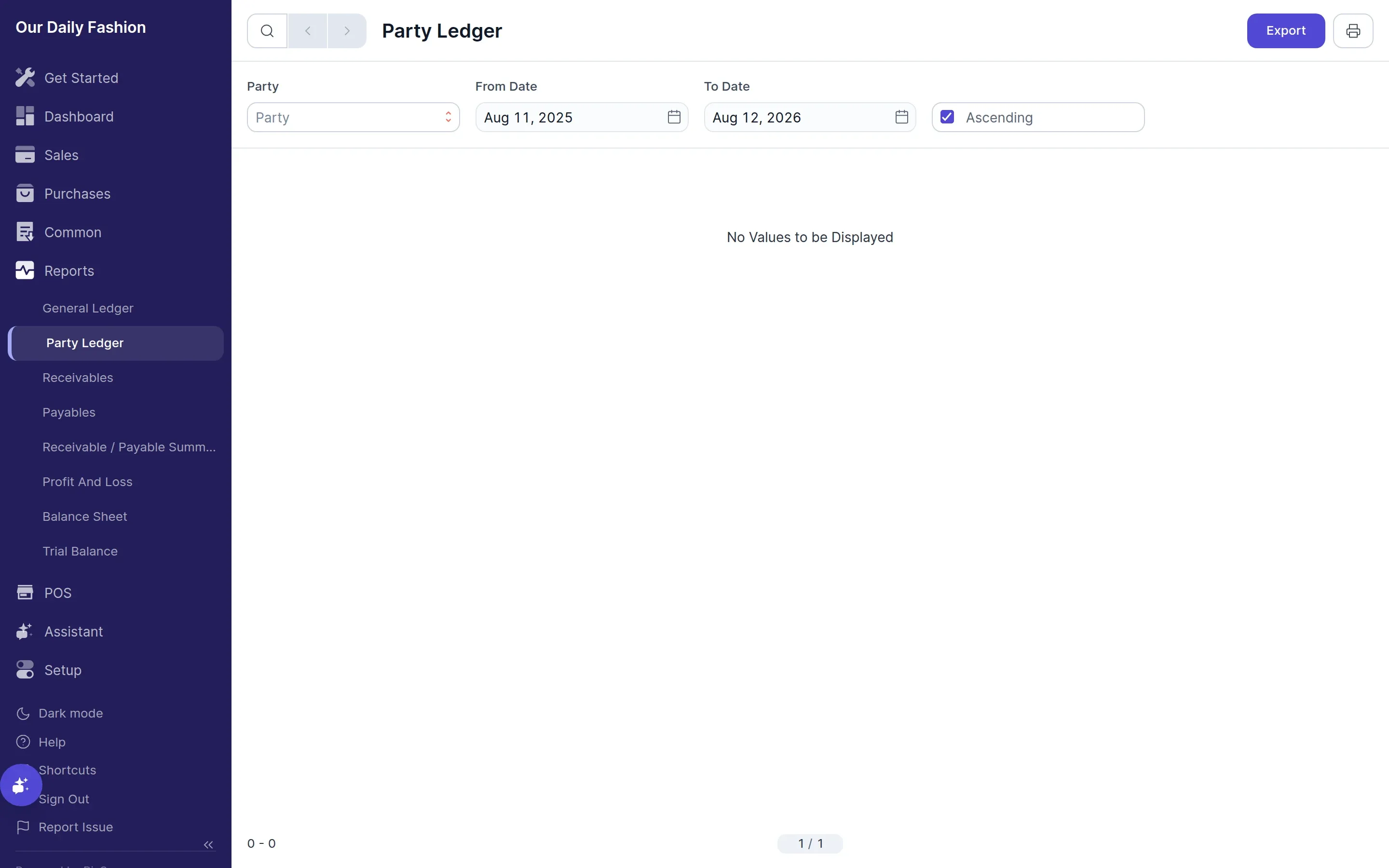 Party Ledger report with running balance and chronological transactions