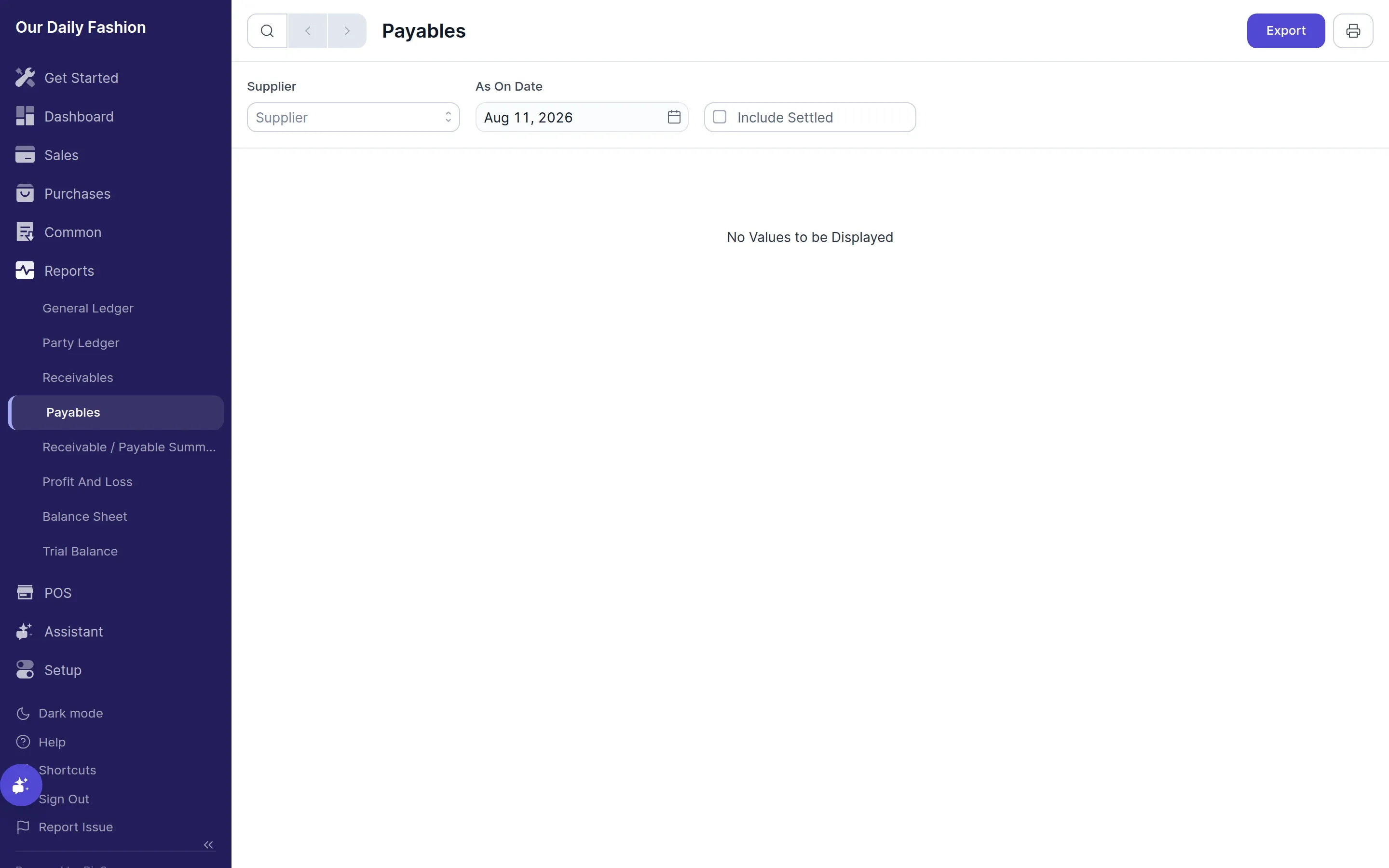Accounts Payable report listing supplier payables and aging breakdown