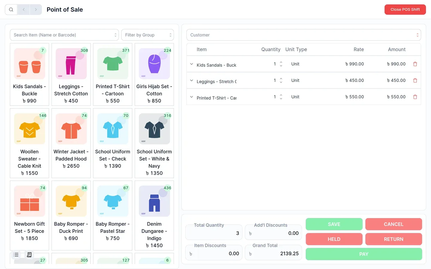 The counter screen with items in the cart