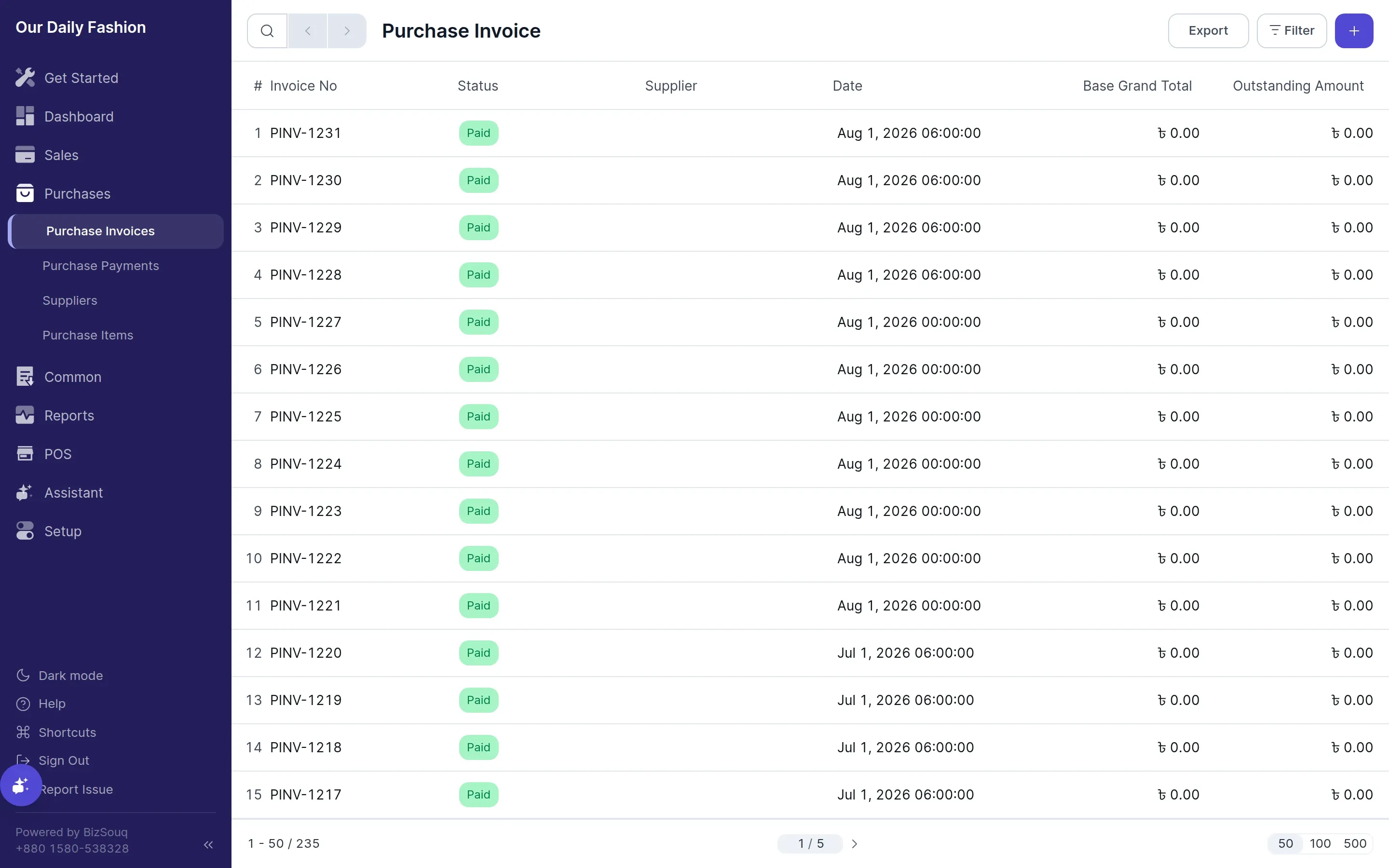 The purchase invoice list