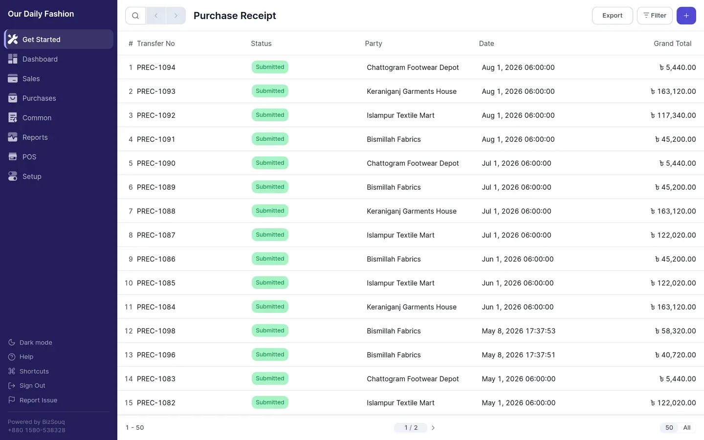 The purchase receipt list