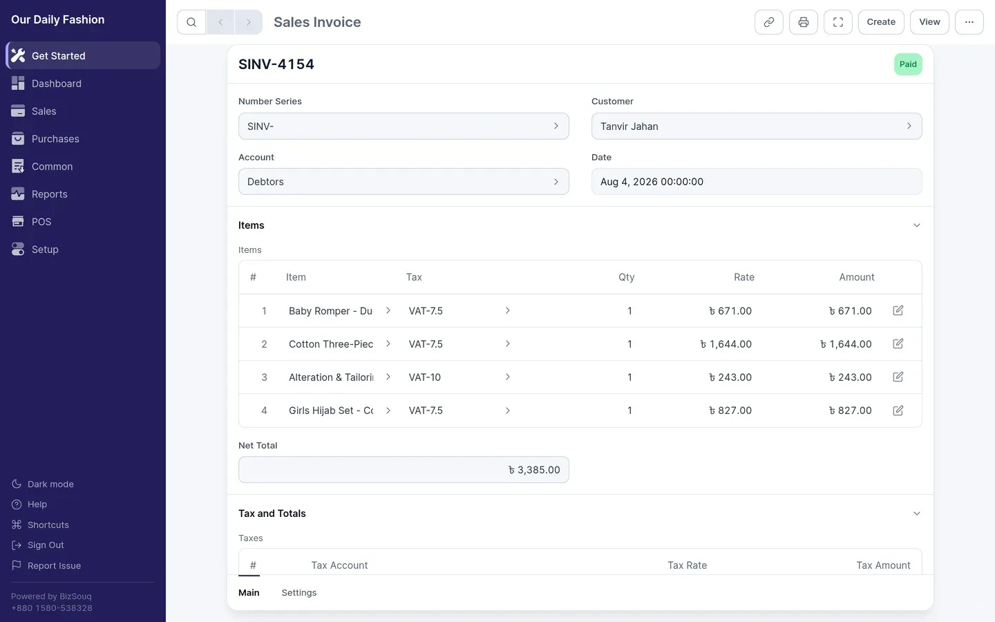 A submitted sales invoice with several item rows