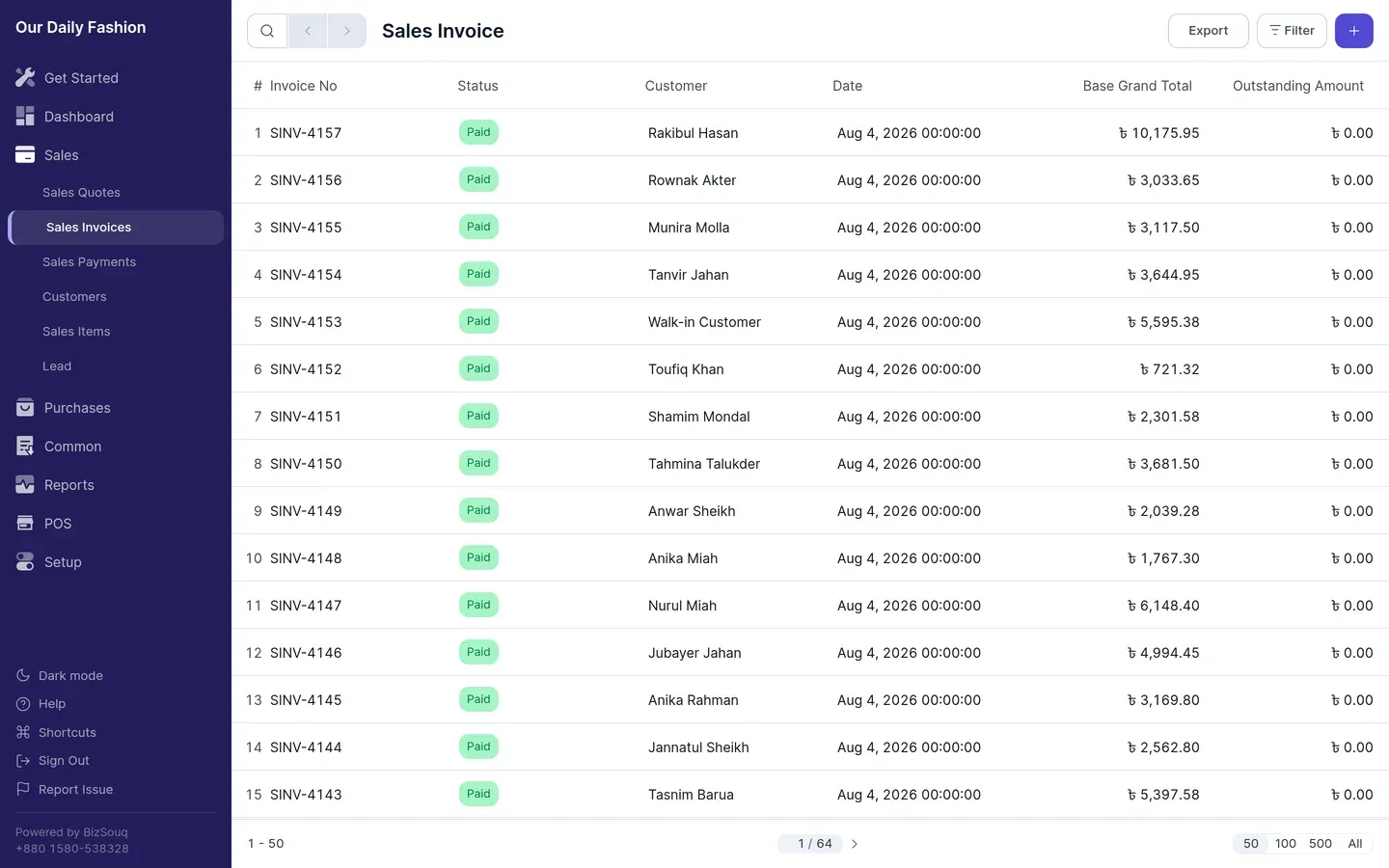 A list view of entries, with filters and the create button