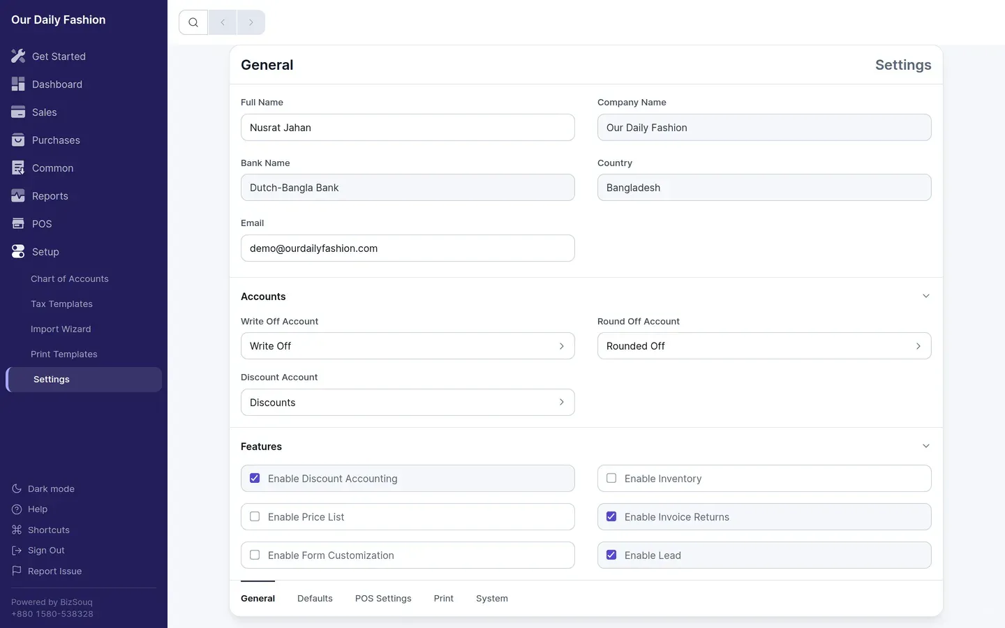 General settings: company, fiscal year and features
