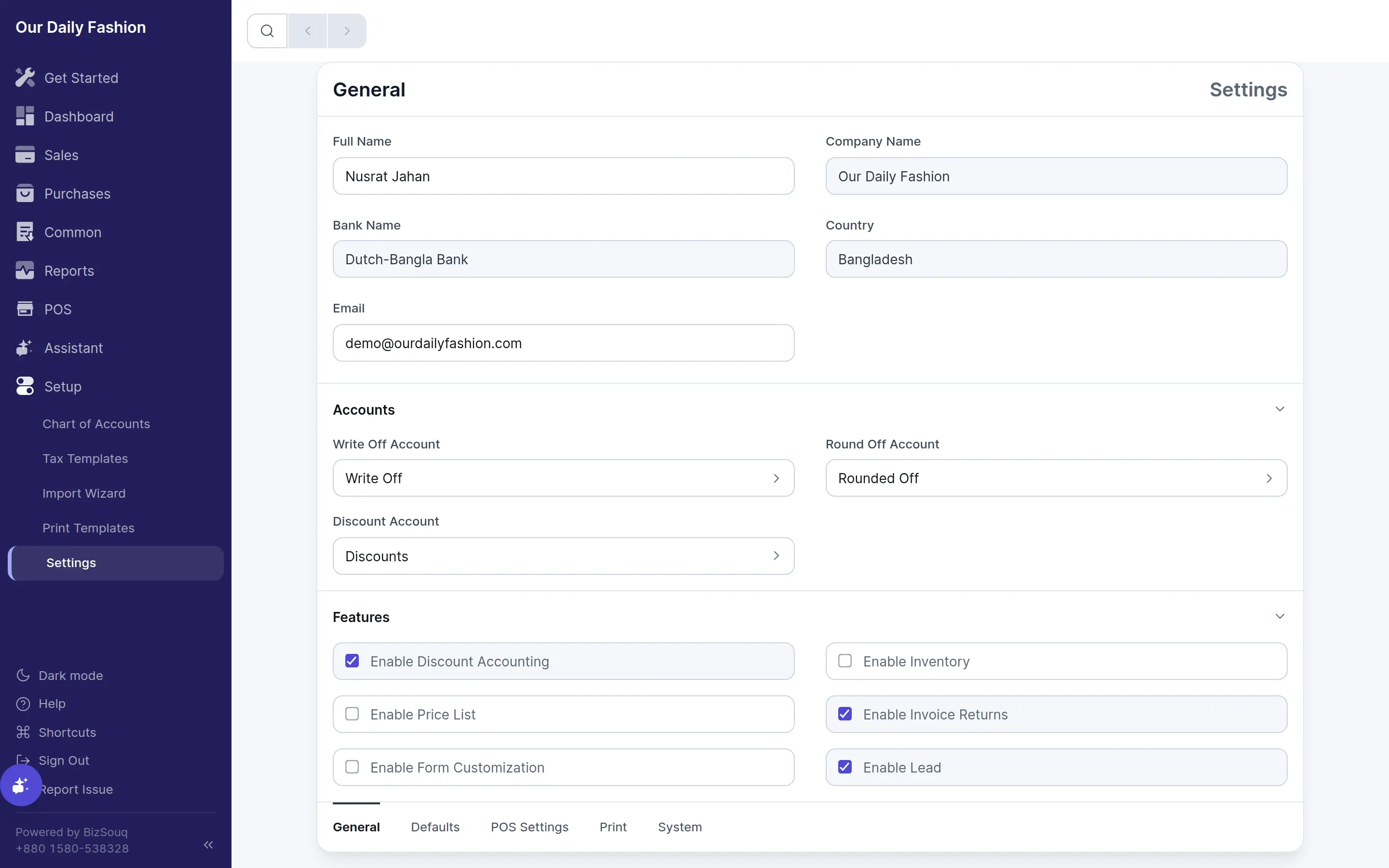 General settings: company, fiscal year and features