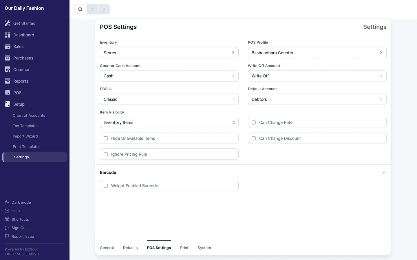 POS Settings: the location, cash account and profile the counter uses