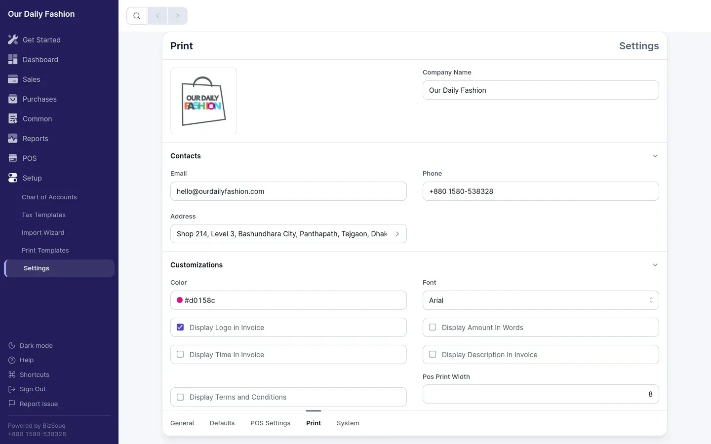 Print settings, where the logo, colour and address on documents are set
