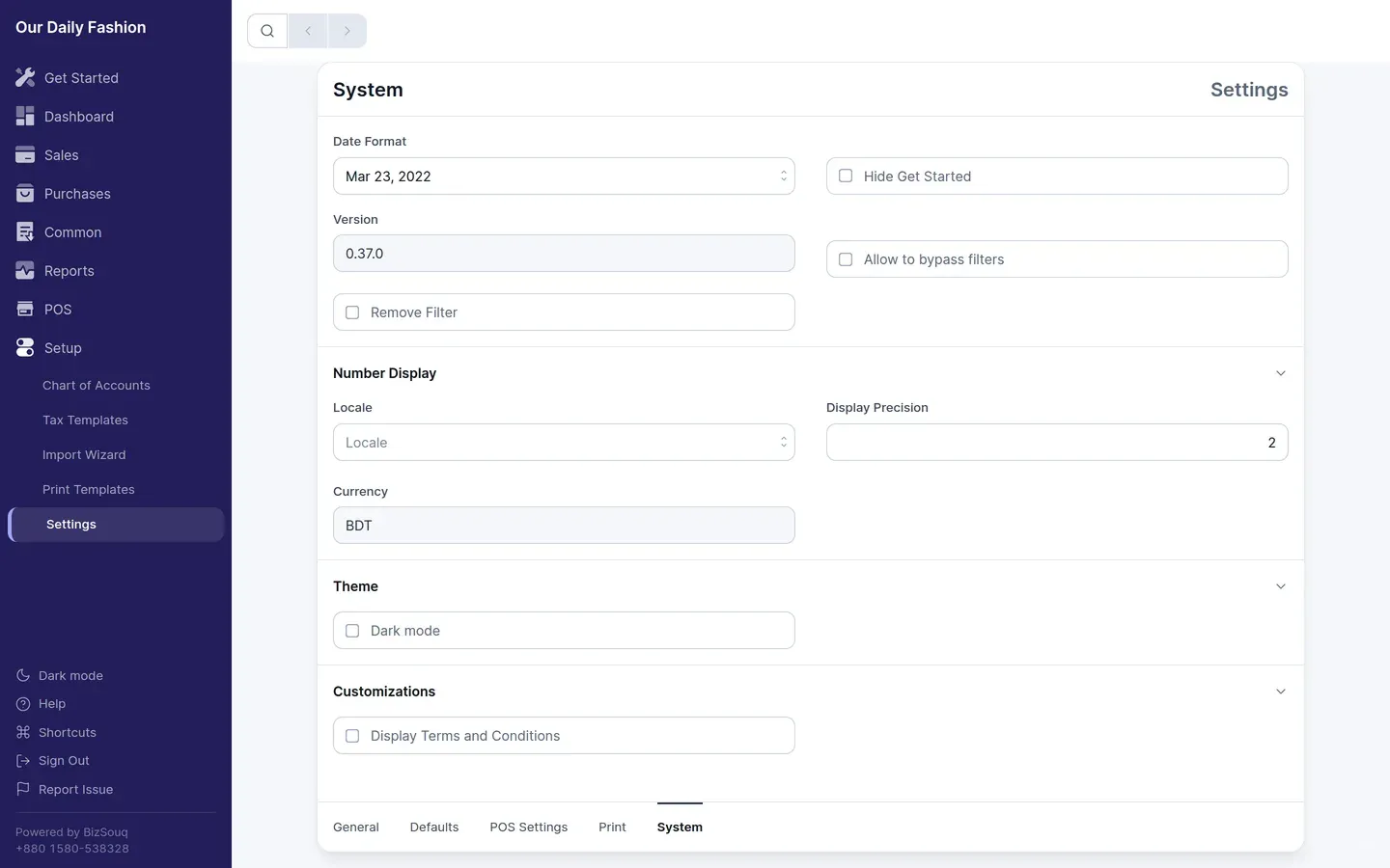 System settings: date format, display precision and theme