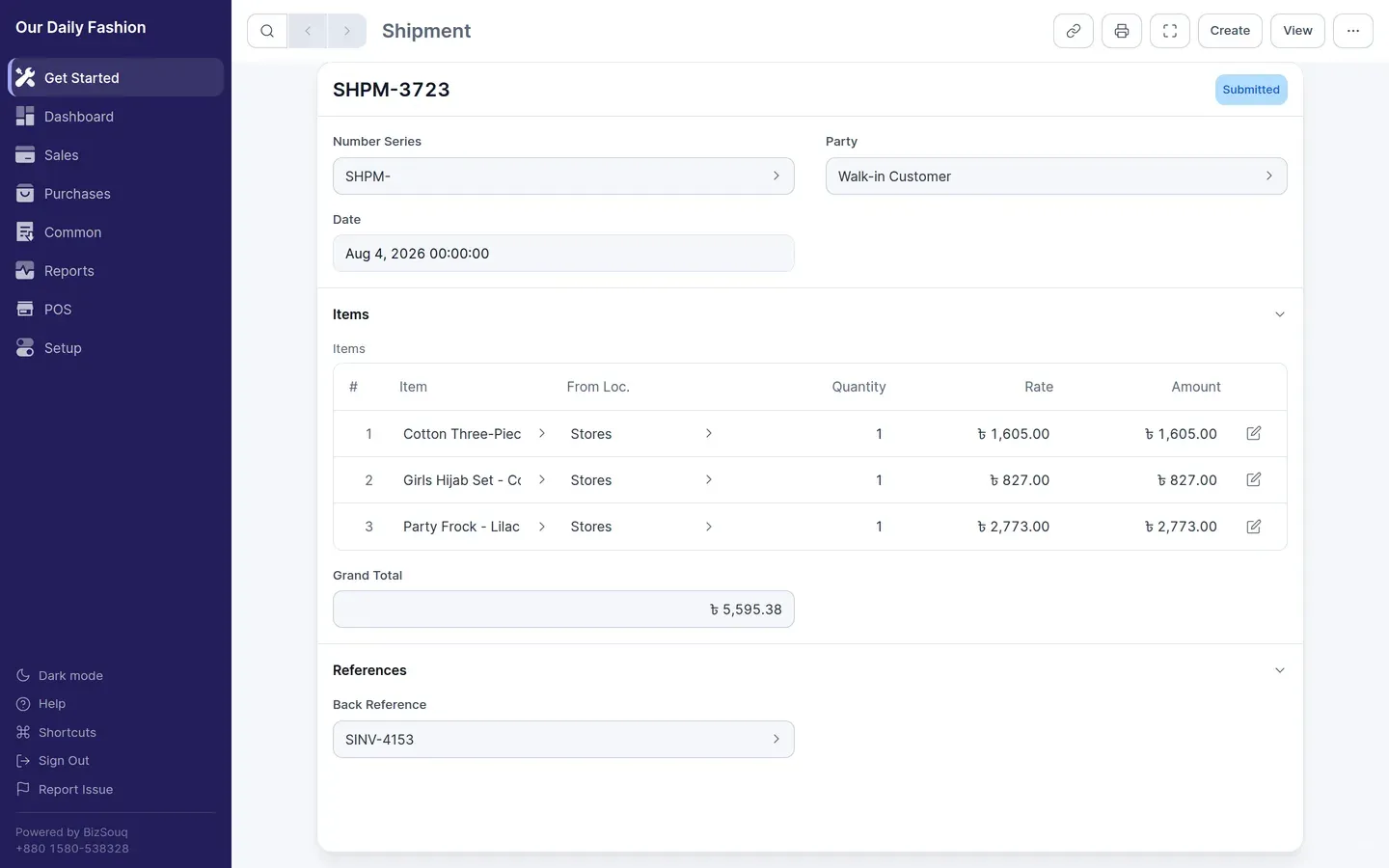 A shipment against a sales invoice, taking stock out of Stores