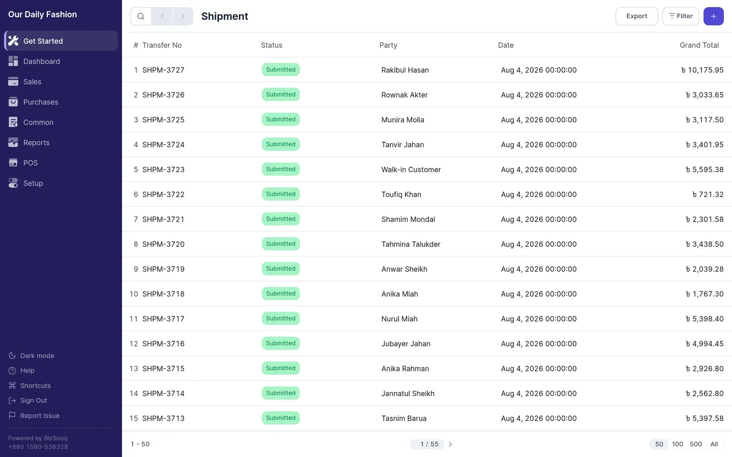 The shipment list
