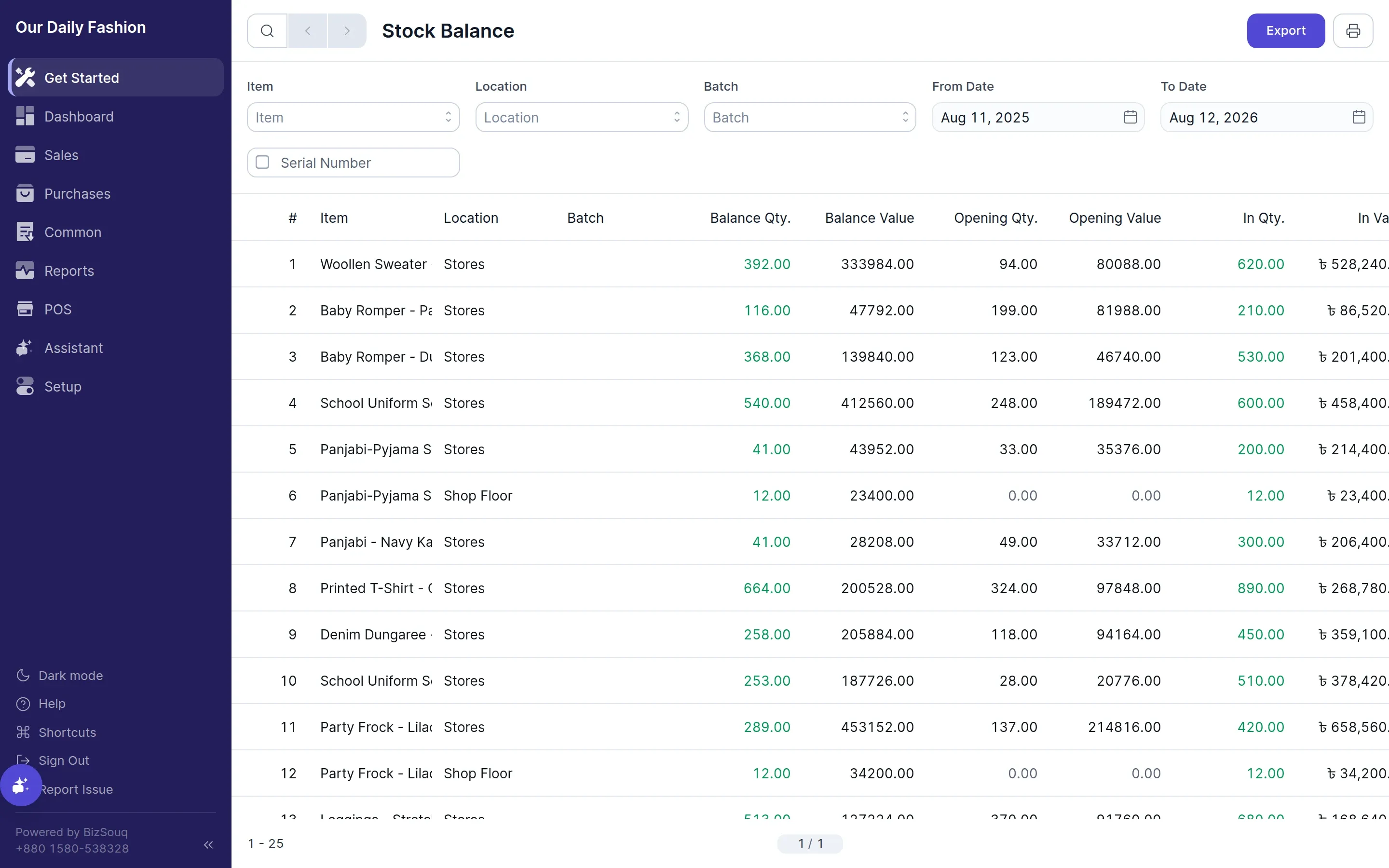 Quantity and value on hand per item and location