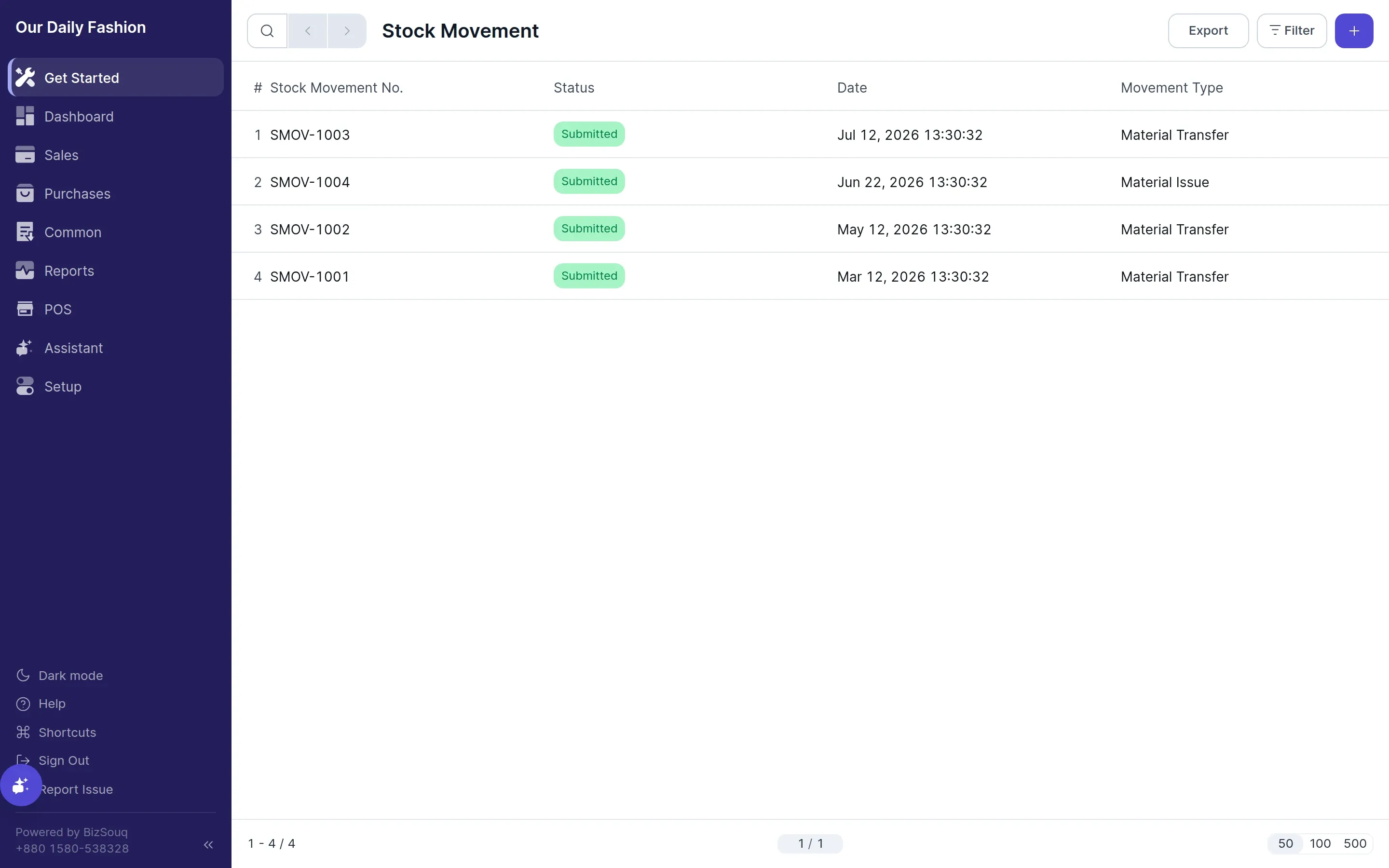 The stock movement list