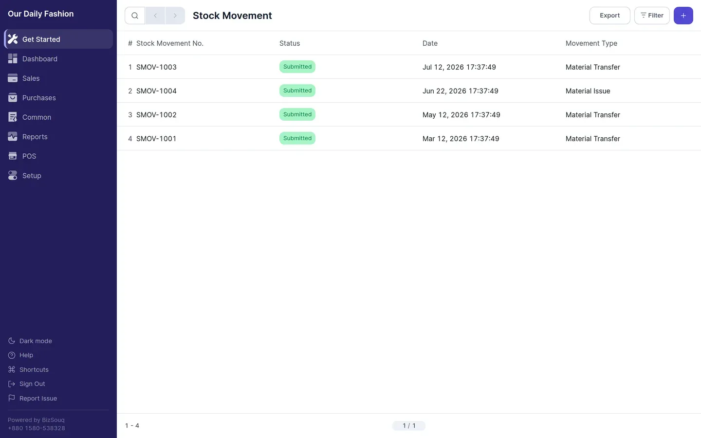 The stock movement list