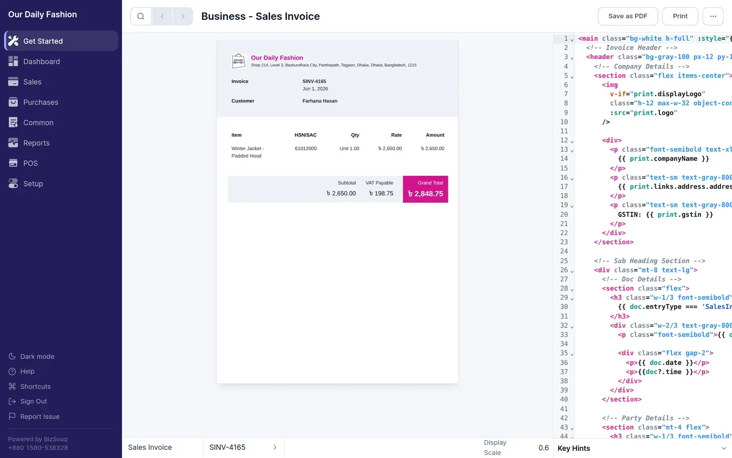 The template builder, with the live preview beside the markup