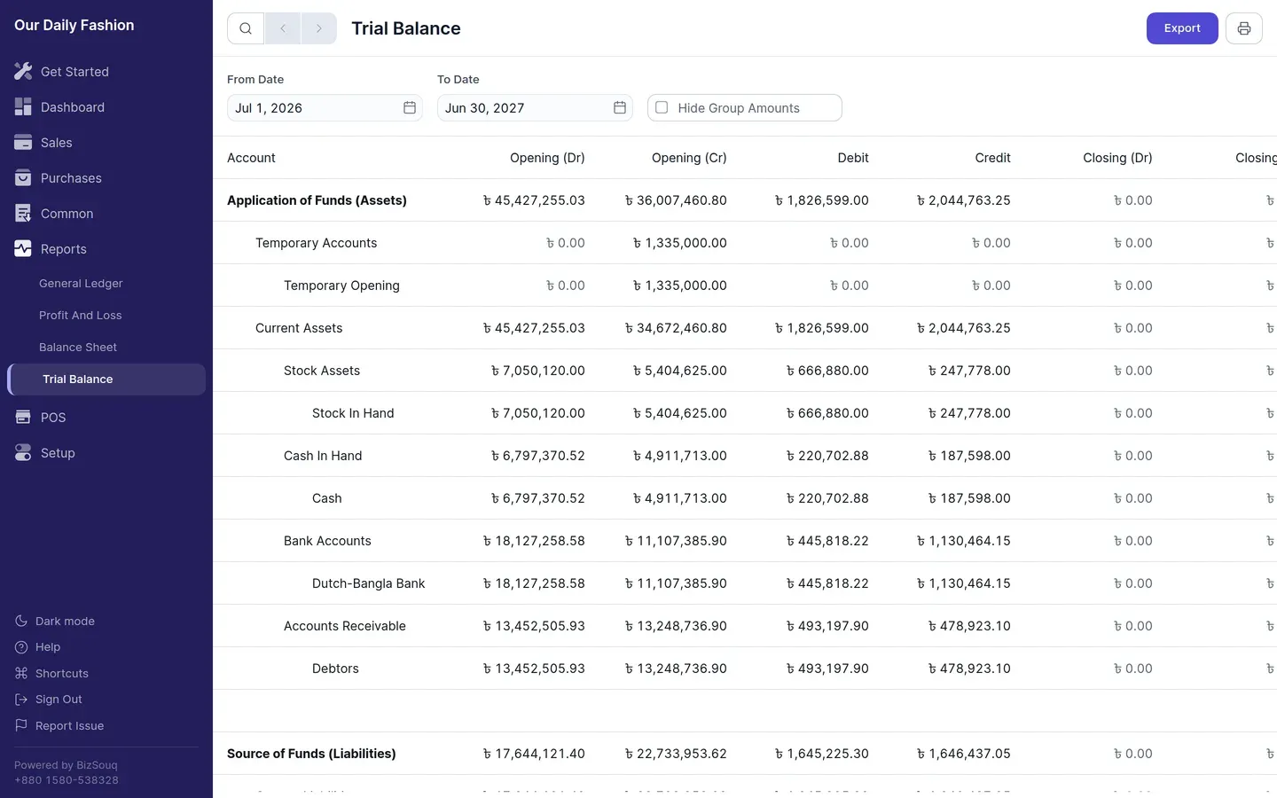 Opening, movement and closing balances per account