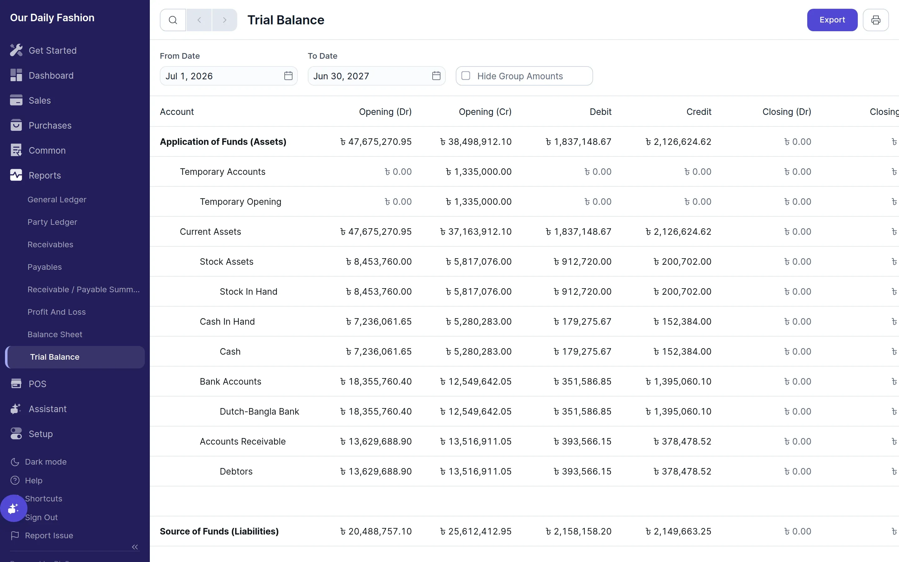 Opening, movement and closing balances per account